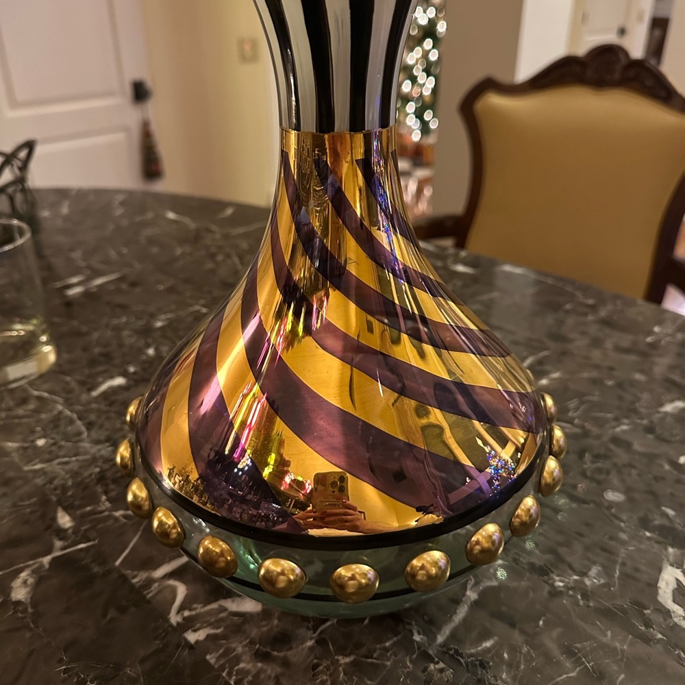 Mackenzie-Childs RARE Gold&Maroon Handpainted Glass Wine Decanter Gold accents
